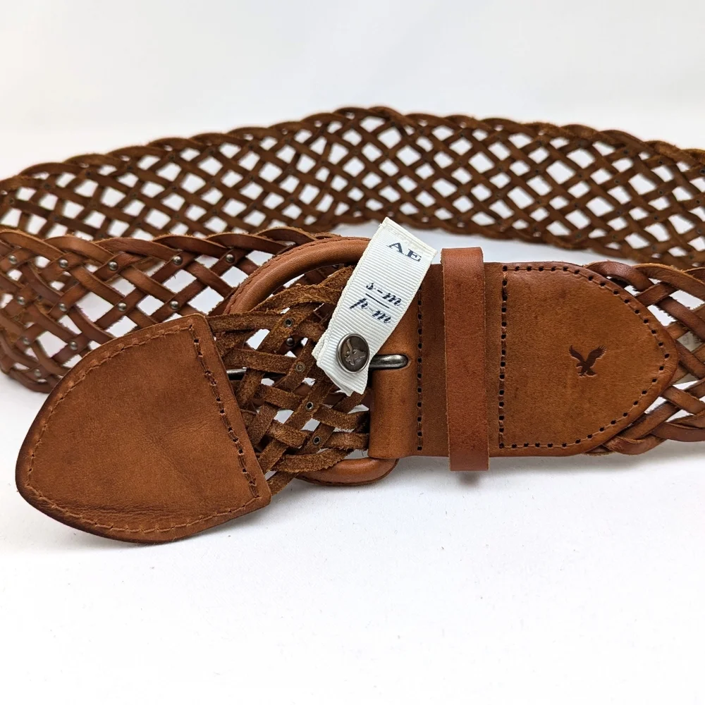American Eagle Wide Leather Belt Woven Studded Braided Boho Cognac Brown S/M NWT